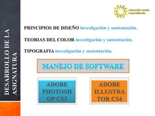 PRINCIPIOS DE DISEÑO investigación y sustentación.
DESARROLLO DE LA




                   TEORIAS DEL COLOR investigación y sustentación.

                   TIPOGRAFIA investigación y sustentación.
ASIGNATURA




                            ADOBE                   ADOBE
                           PHOTOSH                ILLUSTRA
                            OP CS3                 TOR CS4
 