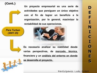 Un proyecto empresarial es una serie de
actividades que persiguen un único objetivo
con el fin de lograr un beneficio a la
organización, por lo general, maximizar la
rentabilidad de sus operaciones.
Para Turban
(2001:25)
Es necesario analizar su viabilidad desde
varias perspectivas, de mercado, técnica,
financiera y un análisis del entorno en donde
se desarrolla el proyecto.
Participante: Lcdo. Orbett
DD
EE
FF
II
NN
II
CC
II
OO
NN
EE
SS
(Cont.)(Cont.)
 