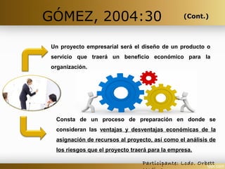 GÓMEZ, 2004:30
Un proyecto empresarial será el diseño de un producto o
servicio que traerá un beneficio económico para la
organización.
Participante: Lcdo. Orbett
Consta de un proceso de preparación en donde se
consideran las ventajas y desventajas económicas de la
asignación de recursos al proyecto, así como el análisis de
los riesgos que el proyecto traerá para la empresa.
(Cont.)(Cont.)
 