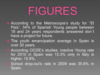 FIGURESAccording to the Metroscopia’s study for “El Pais”, 54% of Spanish Young people between 18 and 24 years respondents answered don´t have a project for future.The youth emancipation average in Spain is over 30 years.  According OCDE’s studies, inactive Young rate for 2010 in Spain was 15.3% only in Italy is higher, 15.9%. School drop-out’s rate in 2009 was 35.6% in Spain.