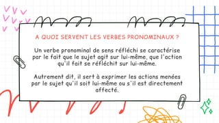 A QUOI SERVENT LES VERBES PRONOMINAUX ?
Un verbe pronominal de sens réfléchi se caractérise
par le fait que le sujet agit sur lui-même, que l'action
qu'il fait se réfléchit sur lui-même.
Autrement dit, il sert à exprimer les actions menées
par le sujet qu'il soit lui-même ou s'il est directement
affecté.
 