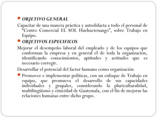 OBJETIVO GENERAL
Capacitar de una manera práctica y autodidacta a todo el personal de
“Centro Comercial EL SOL Huehuetenango”, sobre Trabajo en
Equipo.
OBJETIVOS ESPECIFICOS
Mejorar el desempeño laboral del empleado y de los equipos que
conforman la empresa y en general el de toda la organización,
identificando conocimientos, aptitudes y actitudes que es
necesario corregir.
Desarrollar el potencial del factor humano como organización
Promover e implementar políticas, con un enfoque de Trabajo en
equipo, que promueva el desarrollo de sus capacidades
individuales y grupales, considerando la pluriculturalidad,
multilingüismo y etnicidad de Guatemala, con el fin de mejorar las
relaciones humanas entre dicho grupo.
 