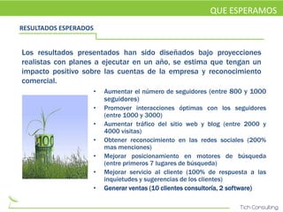 QUE ESPERAMOS
RESULTADOS ESPERADOS


Los resultados presentados han sido diseñados bajo proyecciones
realistas con planes a ejecutar en un año, se estima que tengan un
impacto positivo sobre las cuentas de la empresa y reconocimiento
comercial.
                       •   Aumentar el número de seguidores (entre 800 y 1000
                           seguidores)
                       •   Promover interacciones óptimas con los seguidores
                           (entre 1000 y 3000)
                       •   Aumentar tráfico del sitio web y blog (entre 2000 y
                           4000 visitas)
                       •   Obtener reconocimiento en las redes sociales (200%
                           mas menciones)
                       •   Mejorar posicionamiento en motores de búsqueda
                           (entre primeros 7 lugares de búsqueda)
                       •   Mejorar servicio al cliente (100% de respuesta a las
                           inquietudes y sugerencias de los clientes)
                       •   Generar ventas (10 clientes consultoría, 2 software)
 