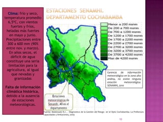 10Estaciones  SENAMHI. Departamento CochabambaClima: frío y seco, temperatura promedio 6,5ºC, con vientos fuertes y fríos, heladas más fuertes en mayo y junio. Precipitaciones entre 300 a 600 mm (90% entre nov. y marzo).En años secos, el déficit de agua constituye una seria limitación para la agricultura, al igual que nevadas y granizadasFalta de información climática histórica, debido a la ausencia de estaciones meteorológicas.Carencia de información meteorológica en la zona alto andina, no existe ninguna estación meteorológica. SENAMHI, 2010Fuente: Maldonado R.J. ,  Diagnostico de la Gestión del Riesgo  en el Dpto Cochabamba. La Prefectura capacidades y limitaciones, 20091010