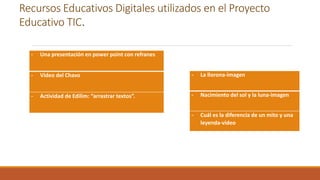 Recursos Educativos Digitales utilizados en el Proyecto
Educativo TIC.
- Una presentación en power point con refranes
- Video del Chavo
- Actividad de Edilim: “arrastrar textos”.
- La llorona-imagen
- Nacimiento del sol y la luna-imagen
- Cuál es la diferencia de un mito y una
leyenda-video
 