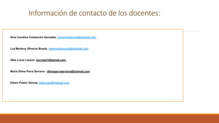 Información de contacto de los docentes:
Gina Carolina Cristancho González: ginacristancho@hotmail.com
Luz Marleny Oliveros Boada. marlenyoliveros@hotmail.com
Alba Lucia Lozano: escrisal14@gmail.com
María Dilma Parra Serrano: dilmaparraserrano@hotmail.com
Edwin Pabón Gómez: pabongo@hotmail.com
 