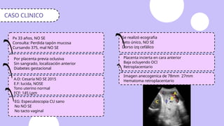 A.O: Cesaría NO SE 2015
E.F: lucida, NOSE
Tono uterino normal
FCF: 145 Lpm
Se realizó ecografia
Feto único, NO SE
Dorso izq cefálico
Placenta incierta en cara anterior
Baja ocluyendo OCI
Retroplacentario
Px 33 años, NO SE
Consulta: Perdida tapón mucosa
Cursando 375, mal NO SE
EG: Especuloscopia CU sano
No NO SE
No tacto vaginal
CASO CLINICO
Por placenta previa oclusiva
Sin sangrado, localización anterior
Diabetes gestacional
Imagen anecogenica de 78mm 27mm
Hematoma retroplacentario
 