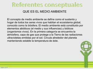QUE ES EL MEDIO AMBIENTE

El concepto de medio ambiente se define como el sustento y
hogar de todos los seres vivos que habitan el ecosistema
global, conocido como la biósfera. El medio ambiente está
constituido por elementos abióticos (el medio y sus influencias) y
bióticos (organismos vivos). En la primera categoría se encuentra
la atmósfera, capa de gas que protege a la Tierra de las
radiaciones ultravioletas emitidas por el sol. Circula alrededor del
planeta manteniendo estable la temperatura de éste.
 