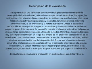 Descripción de la evaluación 
Se aspira realizar una valoración que incluye múltiples formas de medición del 
desempeño de los estudiantes, sobre diversos aspectos del aprendizaje, los logros, las 
motivaciones, los intereses, las necesidades y las actitudes desarrolladas por ellos como 
reacción a las actividades propuestas y realizadas durante el proceso. Incluye la 
autoevaluación, la co-evaluación y la hetero-evaluación. Ofrece al estudiante 
oportunidades para que auto-regule su aprendizaje y se responsabilice de evaluar su 
propio progreso. Este esquema de valoración permite el abordaje sistemático del proceso 
de enseñanza-aprendizaje-evaluación utilizando métodos diferentes a los aplicados hasta 
hoy, que impiden identificar un rango más amplio de los productos sobresalientes de los 
estudiantes como son las interacciones sociales, el empleo de recursos múltiples, análisis 
de situaciones de la vida real, la integración de información, el aportar opiniones 
personales, el elaborar proyectos colaborativos, el compartir información, el presentar 
conclusiones, el utilizar información para resolver problemas, el comunicar ideas 
constructivas, el persuadir a otros para adoptar posiciones y el organizar la información. 
De igual manera, involucra la producción en multimedia, el uso de las TICs, etc. 
 