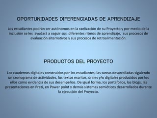 OPORTUNIDADES DIFERENCIADAS DE APRENDIZAJE 
Los estudiantes podrán ser autónomos en la raelización de su Proyecto y por medio de la 
inclusión se les ayudará a seguir sus diferentes ritmos de aprendizaje, sus procesos de 
evaluación alternativos y sus procesos de retroalimentación. 
PRODUCTOS DEL PROYECTO 
Los cuadernos digitales construidos por los estudiantes, las tareas desarrolladas siguiendo 
un cronograma de actividades, los textos escritos, orales y/o digitales producidos por los 
ellos como evidencia de sus desempeños. De igual forma, los portafolios, los blogs, las 
presentaciones en Prezi, en Power point y demás sistemas semióticos desarrollados durante 
la ejecución del Proyecto. 
. 
 