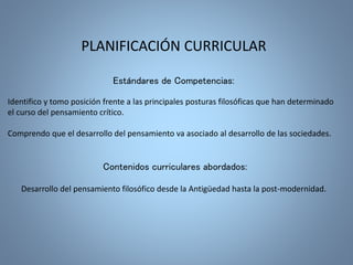 PLANIFICACIÓN CURRICULAR 
Estándares de Competencias: 
Identifico y tomo posición frente a las principales posturas filosóficas que han determinado 
el curso del pensamiento crítico. 
Comprendo que el desarrollo del pensamiento va asociado al desarrollo de las sociedades. 
Contenidos curriculares abordados: 
Desarrollo del pensamiento filosófico desde la Antigüedad hasta la post-modernidad. 
 