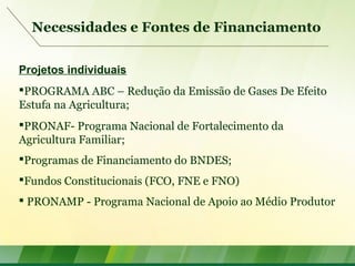 Necessidades e Fontes de Financiamento
Projetos individuais
PROGRAMA ABC – Redução da Emissão de Gases De Efeito
Estufa na Agricultura;
PRONAF- Programa Nacional de Fortalecimento da
Agricultura Familiar;
Programas de Financiamento do BNDES;
Fundos Constitucionais (FCO, FNE e FNO)
 PRONAMP - Programa Nacional de Apoio ao Médio Produtor
 