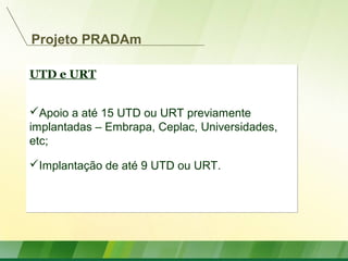 UTD e URT
Apoio a até 15 UTD ou URT previamente
implantadas – Embrapa, Ceplac, Universidades,
etc;
Implantação de até 9 UTD ou URT.
UTD e URT
Apoio a até 15 UTD ou URT previamente
implantadas – Embrapa, Ceplac, Universidades,
etc;
Implantação de até 9 UTD ou URT.
Projeto PRADAm
 