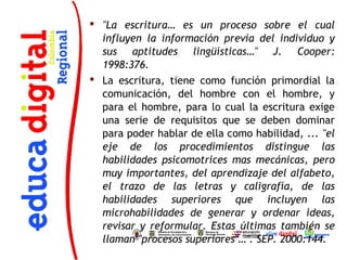 "La escritura… es un proceso sobre el cual
  influyen la información previa del individuo y
  sus aptitudes lingüísticas…" J. Cooper:
  1998:376.
 La escritura, tiene como función primordial la
  comunicación, del hombre con el hombre, y
  para el hombre, para lo cual la escritura exige
  una serie de requisitos que se deben dominar
  para poder hablar de ella como habilidad, ... "el
  eje de los procedimientos distingue las
  habilidades psicomotrices mas mecánicas, pero
  muy importantes, del aprendizaje del alfabeto,
  el trazo de las letras y caligrafía, de las
  habilidades superiores que incluyen las
  microhabilidades de generar y ordenar ideas,
  revisar y reformular. Estas últimas también se
  llaman "procesos superiores"…". SEP. 2000:144.
 