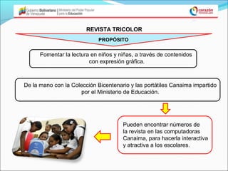 REVISTA TRICOLOR
                             PROPÓSITO

      Fomentar la lectura en niños y niñas, a través de contenidos
                         con expresión gráfica.



De la mano con la Colección Bicentenario y las portátiles Canaima impartido
                     por el Ministerio de Educación.




                                      Pueden encontrar números de
                                      la revista en las computadoras
                                      Canaima, para hacerla interactiva
                                      y atractiva a los escolares.
 