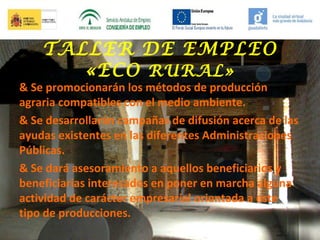 TALLER DE EMPLEO
«ECO RURAL»

& Se promocionarán los métodos de producción
agraria compatibles con el medio ambiente.
& Se desarrollarán campañas de difusión acerca de las
ayudas existentes en las diferentes Administraciones
Públicas.
& Se dará asesoramiento a aquellos beneficiarios y
beneficiarias interesados en poner en marcha alguna
actividad de carácter empresarial orientada a este
tipo de producciones.

 