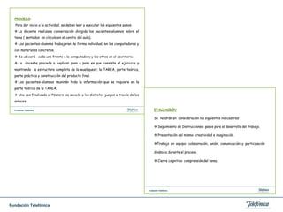 Hicieron uso de las redes sociales con conciencia y además identificaron los riesgos y dieron su opiniónde las mismas.- http: / aulasfundacióntelefonicavenezuela.blogspot.com- http:/ aulasfundacióntelefonicafundacardin.blogspot.com- http:/aftoncologico.blogspot.com- http://aft.sanjuandedios.blogspot.com- http: / aulasfundacióntelefonicahm.blogspot.com- http://aulaftjmdelosrios.blogspot.com