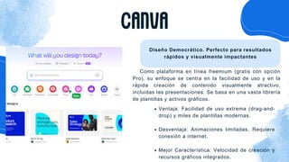 CANVA
Diseño Democrático. Perfecto para resultados
rápidos y visualmente impactantes
Ventaja: Facilidad de uso extrema (drag-and-
drop) y miles de plantillas modernas.
Desventaja: Animaciones limitadas. Requiere
conexión a internet.
Mejor Característica: Velocidad de creación y
recursos gráficos integrados.
Como plataforma en línea freemium (gratis con opción
Pro), su enfoque se centra en la facilidad de uso y en la
rápida creación de contenido visualmente atractivo,
incluidas las presentaciones. Se basa en una vasta librería
de plantillas y activos gráficos.
 