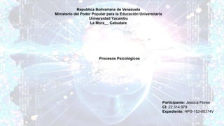 Republica Bolivariana de Venezuela
Ministerio del Poder Popular para la Educación Universitaria
Universidad Yacambu
La Mora__ Cabudare
Procesos Psicológicos
Participante: Jessica Flores
CI: 22.314.979
Expediente: HPS-152-00374V
 