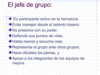 El jefe de grupo:

  Es participante activo en la herradura.
 Evita manejar desde el asiento trasero.
 No presiona con su poder.
 Defiende sus puntos de vista.
 Habla menos y escucha más.
 Representa al grupo ante otros grupos.
 Hace oficiales los planes, y
 Apoya a los integrantes de los equipos de
 mejora.
 