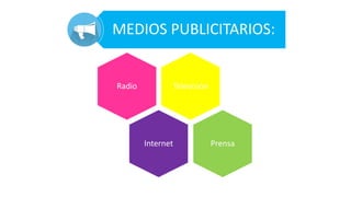 MEDIOS PUBLICITARIOS:
TelevisiónRadio
Internet Prensa
 