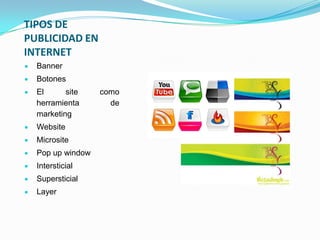 TIPOS DE
PUBLICIDAD EN
INTERNET
  Banner
  Botones
  El      site    como
  herramienta       de
  marketing
  Website
  Microsite
  Pop up window
  Intersticial
  Supersticial
  Layer
 