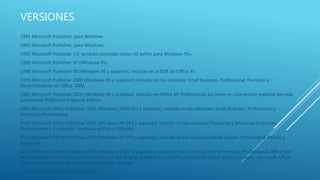 VERSIONES
1991 Microsoft Publisher, para Windows
1993 Microsoft Publisher, para Windows.
1995 Microsoft Publisher 3.0, también conocido como «El editor para Windows 95».
1996 Microsoft Publisher 97 (Windows 95).
1998 Microsoft Publisher 98 (Windows 95 y superior), incluido en el SDK de Office 97.
1999 Microsoft Publisher 2000 (Windows 95 y superior), incluido en las versiones Small Business, Professional, Premium y
Desarrolladores de Office 2000.
2001 Microsoft Publisher 2002 (Windows 98 y superior), incluido en Office XP Professional, así como en una versión especial llamada
justamente Professional Special Edition.
2003 Microsoft Office Publisher 2003 (Windows 2000 SP3 y superior), incluido en las versiones Small Business, Professional y
Enterprise Professional.
2007 Microsoft Office Publisher 2007 (Windows XP SP2 y superior), incluido en las versiones Pequeñas y Medianas Empresas,
Profesionales y Comercios, Professional Plus y Ultimate.
2010 Microsoft Office Publisher 2010 (Windows XP SP3 y superior), incluido en las versiones Home Edition, Professional Edition y
Enterprise.
2013 Microsoft Office Publisher 2013 (Windows 7 SP1 y Superior), Incluido en las versiones Home Premium, Professional, Office 365
(en sus dos versiones) y en compra individual del Programa desde: http://office.microsoft.com/es-es/buy/comprar-microsoft-office-
2013-y-suscripciones-de-office-365-FX102886268.aspx
2015 Microsoft Office Publisher 2016
 