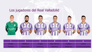 Los jugadores del Real Valladolid
1 2 3 4 5 6
Masip Villalibre Ángel Kiko Olivas Calero Luismi
Portero Delantero Defensa Defensa Defensa Centrocampista
 