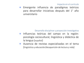 Impacto en el currículo
Emergente influencia de paradigmas teóricos
para desarrollar iniciativas después del 1° año
universitario
Desarrollo disciplinar y proyección investigativa
Influencias teóricas del campo en la región:
psicología sociocultural, lingüística y didáctica de
la lengua (español)
Ausencia de revistas especializadas en el tema
(lingüística y educación/desaparición de lectura y vida)
 
