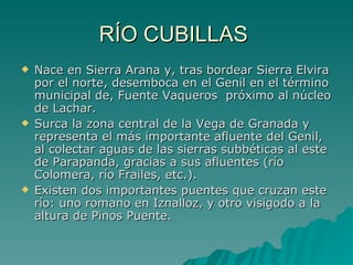 RÍO CUBILLAS  Nace en Sierra Arana y, tras bordear Sierra Elvira por el norte, desemboca en el Genil en el término municipal de, Fuente Vaqueros  próximo al núcleo de Lachar. Surca la zona central de la Vega de Granada y representa el más importante afluente del Genil, al colectar aguas de las sierras subbéticas al este de Parapanda, gracias a sus afluentes (río Colomera, río Frailes, etc.). Existen dos importantes puentes que cruzan este río: uno romano en Iznalloz, y otro visigodo a la altura de Pinos Puente. 