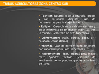 TRIBUS AGRICULTORAS ZONA CENTRO SUR Técnicas:  Desarrollo de la alfarería (propia y con influencia diaguita), uso de herramientas para trabajar la tierra Religión:  Creencia en la vida ultraterrena y en la existencia de un mundo espiritual tras la muerte. Desarrollo de ritos funerarios Vivienda:  Casa de barro y techo de totora con capacidad para unas 30 personas Alimentación:  Maíz, poroto, papa, ají, calabaza, carne (llama) Herramientas:  Pipas, piedras para moler maíz, “piedras tacitas”. Desarrollo de vestimenta como ponchos gracias a la lana de llama 
