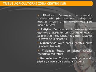 TRIBUS AGRICULTORAS ZONA CENTRO SUR Técnicas:  Desarrollo de cerámica rudimentaria (sin adornos), trabajo en metales (joyas) y de herramientas para labrar la tierra Religión:  Se basa en la existencia de espíritus y dioses (el principal es el Pillan). Se practican ritos funerarios y ritos curativos (a través de la “machi”) Vivienda:  Rucas de planta circular revestidas con totora Alimentación:  Maíz, papas, porotos, carne (guanaco, huemul) Herramientas:  Tridente, asada y palas de piedra y madera para trabajar la tierra 