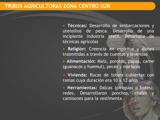 TRIBUS AGRICULTORAS ZONA CENTRO SUR Técnicas:  Desarrollo de embarcaciones y utensilios de pesca. Desarrollo de una incipiente industria textil. Desarrollo de técnicas agrícolas  Religión:  Creencia en espíritus y dioses trasmitidas a través de cuentos y leyendas Vivienda:  Rucas de totora cubiertas con ramas cuya duración era 10 a 12 años Alimentación:  Maíz, porotos, papas, carne (guanacos y huemul), peces y mariscos Herramientas:  Dalcas (piraguas o botes), redes. Desarrollaron ponchos, chales y camisones para la vestimenta 