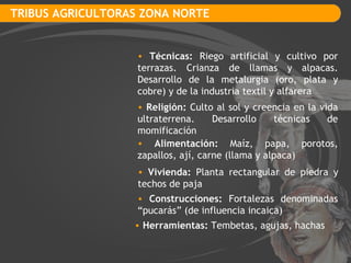 TRIBUS AGRICULTORAS ZONA NORTE Técnicas:  Riego artificial y cultivo por terrazas. Crianza de llamas y alpacas. Desarrollo de la metalurgia (oro, plata y cobre) y de la industria textil y alfarera Religión:  Culto al sol y creencia en la vida ultraterrena. Desarrollo técnicas de momificación Vivienda:  Planta rectangular de piedra y techos de paja Alimentación:  Maíz, papa, porotos, zapallos, ají, carne (llama y alpaca) Construcciones:  Fortalezas denominadas “pucarás” (de influencia incaica) Herramientas:  Tembetas, agujas, hachas 