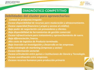 DIAGNÓSTICO COMPETITIVO
Debilidades del cluster para aprovecharlas:
   Calidad de productos irregular.
   Escasa disponibilidad de recursos para maduración y almacenamiento.
   Escasa capacidad financiera ( propio y acceso al crédito).
   Bajo poder de negociación con proveedores y clientes.
   Baja disponibilidad de herramientas de gestión comercial.
   Escasa infraestructura para tratamiento y aprovechamiento de suero.
   Baja diferenciación /marca.
   Alto costo de logística de Producto terminado.
   Baja inversión en Investigación y Desarrollo en las empresas.
   Falta estrategia de marketing (empresas y sector)
   Escasa información sectorial.
   Escasa articulación entre pymes e instituciones de Ciencia y Tecnología.
   Escasa coordinación entre empresas.
   Escasos recursos humanos para producción primaria
 