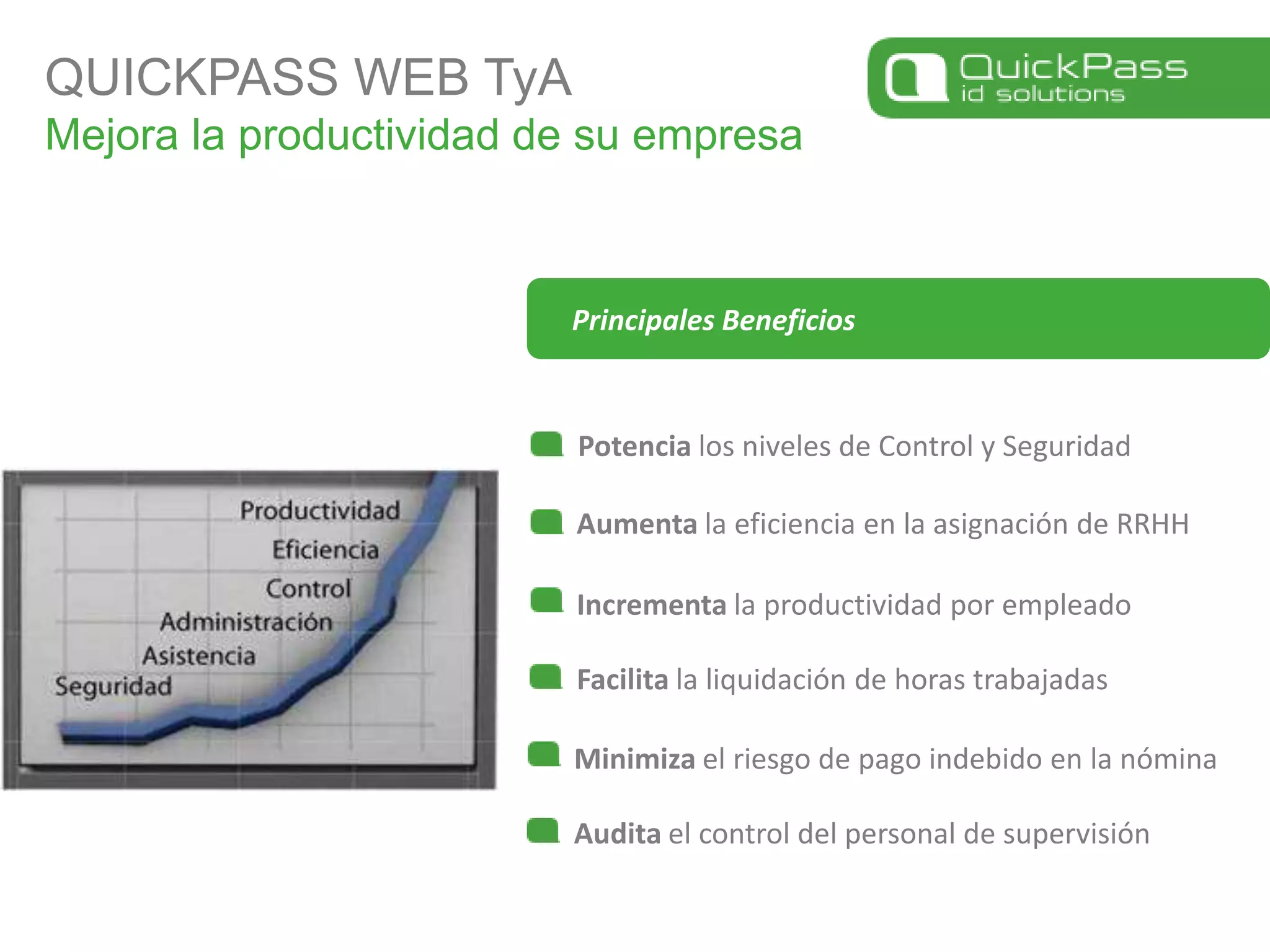 QUICKPASS WEB TyAMejora la productividad de su empresaPotencia los niveles de Control y SeguridadAumenta la eficiencia en la asignación de RRHHPrincipales BeneficiosIncrementa la productividad por empleadoFacilita la liquidación de horas trabajadasMinimiza el riesgo de pago indebido en la nóminaAudita el control del personal de supervisión