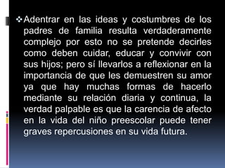 Barrera (2001)"La familia es la célula Social elemental y básica de una nación. Por eso para mejorar nuestra sociedad debemos empezar por mejorar a nuestras familias, comenzando por nosotros mismos, pues somos sus integrantes"Maher (1990)“Los efectos a largo plazo del abuso sexual en la niñez pueden ser más severos de lo que la mayoría de la gente se imagina... las mujeres que fueron reiteradamente ultrajadas de niñas crecen con una autoestima muy pobre y una imagen anormal de la dinámica familiar”.Elizondo (1994)“La educación preescolar se distingue por hacer patente la importancia de la dimensión afectiva en la relación escolar y pedagógico-didáctica.”MetodologíaEnfoque etnográficoESTRATEGIAS DE INTERVENCIONEL JUEGO: UNA ESTRATEGIA DE INTERVENCIÓN SOCIOEDUCATIVA PARA FORTALECER LA CONVIVENCIA ENTRE PADRE E HIJO EN EL C.A.P.E.P. LERMA LXXV.  La presente carta descriptiva nos va a ayudar a determinar el problema por el cual se va a desarrollar el proyecto, este instrumento es de mucha ayuda y guía para el interventor que pretende realizar diversas actividades en pro de la erradicación de la problemática.  En esta carta descriptiva se plantean pláticas, videos, convivencias, imágenes, este a su vez cumplirá con el objetivo de crear y fomentar lazos de convivencia en beneficio de los niños.   