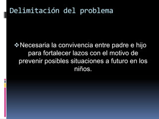 DATOS GENERALESNombre del programa: El juego: Una estrategia de intervención socioeducativa para fortalecer la convivencia entre padre e hijo en el C.A.P.E.P. LERMA LXXV.  Duración: 710 minutos.  Objetivo General: Fortalecer la autoestima de los padres de familia mediante el taller de identificación de problemas en la crianza de los niños (autoperdón).    Actividades:  1.- “Una nota para ti y para mí”2.- “Una sorpresa para ti”3.- “Conoce a mi familia”4.-“Estos son papá y mamá”5.- “Juntos aprendemos”6.- “Te comparto mi historia de amor”7.- “Álbum familiar”8.- “Plática”9.-“Matrogimnacia”10.-“Plática”11.- “Historia de vida”  Dirigido a: Padres de familia y niños    