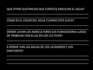 QUE OTRAS SUSTANCIAS QUE CONOCES ENSUCIAN EL AGUA? __________________________________________________________________________________________________________ CÓMO ES EL COLOR DEL AGUA CUANDO ESTA SUCIA? __________________________________________________________________________________________________________ DÓNDE LAVAN LOS AGRICULTORES SUS FUMIGADORAS LUEGO DE TRABAJAR CON ELLAS EN LOS CULTIVOS? __________________________________________________________________________________________________________ A DÓNDE VAN LAS AGUAS DE LOS LAVADEROS Y LOS SANITARIOS? _______________________________________________________________________________________________________________________________________________________________ 