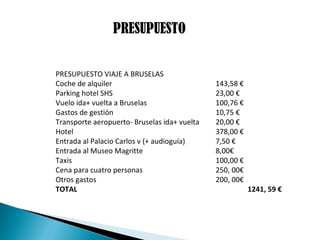 PRESUPUESTO


PRESUPUESTO VIAJE A BRUSELAS
Coche de alquiler                             143,58 €
Parking hotel SHS                             23,00 €
Vuelo ida+ vuelta a Bruselas                  100,76 €
Gastos de gestión                             10,75 €
Transporte aeropuerto- Bruselas ida+ vuelta   20,00 €
Hotel                                         378,00 €
Entrada al Palacio Carlos v (+ audioguía)     7,50 €
Entrada al Museo Magritte                     8,00€
Taxis                                         100,00 €
Cena para cuatro personas                     250, 00€
Otros gastos                                  200, 00€
TOTAL                                                    1241, 59 €
 