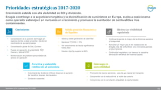 Resultados 2016 y perspectivas 2017-2020
Crecimiento estable con alta visibilidad en BDI y dividendo.
Enagás contribuye a la seguridad energética y la diversificación de suministros en Europa, aspira a posicionarse
como operador estratégico en mercados en crecimiento y promueve la sustitución de combustibles más
contaminantes.
Prioridades estratégicas 2017-2020
Atractiva y sostenible
retribución al accionista
• Crecimiento del dividendo (5%) en línea con el aumento
del beneficio después de impuestos
• Dividendo sostenible
Sólida posición financiera y
de liquidez
• Sólida y visible generación de cash flow
• Mantener FFO/DN > 15%
• Sin vencimientos de deuda significativos
hasta 2022
• Deuda a tipo fijo superior al 80%
Crecimiento
• Consolidación de la posición de Enagás en
regiones donde ya está presente a través del
crecimiento de sus participadas
• Consolidación global de GNL Quintero
• Puesta en operación de greenfields: TAP,
Gascan y Midcat/STEP
• Monitorización de posibles oportunidades de
activos en operación
Eficiencia y visibilidad
regulatoria
• Continuar la senda de mejora de la eficiencia operativa
y la seguridad
• Fomentar un mayor uso de las instalaciones de
Enagás para dar profundidad a los mercados gasistas
y reducir precios
• Continuidad regulatoria, con base en la paulatina
eliminación del déficit del Sistema Gasista.
15
Liderazgo en
sostenibilidad
• Promoción de nuevos servicios y usos de gas natural en transporte
• Compromiso con la reducción de la huella de carbono
• Compromiso con la conciliación e igualdad de oportunidades
 