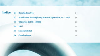 Resultados 2016 y perspectivas 2017-2020
Prioridades estratégicas y entorno operativo 2017-2020
Objetivos 2017E – 2020E
2017
Sostenibilidad
Conclusiones
3
14
20
30
32
36
Resultados 201601
02
03
04
05
06
Índice
 