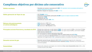 Resultados 2016 y perspectivas 2017-2020
Cumplimos objetivos por décimo año consecutivo
Sólidos resultados • Resultado por puesta en equivalencia 41,2M€ (10% aportación de las sociedades participadas al
beneficio después de impuestos)
• Beneficio después de impuestos 417,2M€ (+1,1%)
Sólida generación de flujos de caja • FFO 756,8M€ (+8,6%)
• Dividendos de sociedades participadas 90,5M€ (superior al objetivo establecido 65M€)
• Inversiones 912M€
• FFO/Deuda neta 15%
• Dividendo por acción 1,39€ (+5%)
Refuerzo del posicionamiento
en activos estratégicos
• 4,6% adicional en TGP (Perú)
• 42,5% adicional en Saggas (España)
• 40% adicional en GNL Quintero (Chile)
Principales acciones financieras y resultados de 2016 • Emisión de un bono por un valor total de 750M€, con cupón anual de 1,375% y vencimiento 12 años
• Emisión de un bono por un valor total de 500M€, con cupón anual de 0,75% y vencimiento 10 años
• Coste neto de la deuda 2,4%
• Sin vencimientos de deuda importantes hasta 2022
• A 31 de diciembre de 2016 el vencimiento medio de nuestra deuda era de 6,3 años
• La agencia de calificación Standard & Poor's, en su informe de revisión anual ha reafirmado el rating a
largo plazo de Enagás situado en A-, la perspectiva estable y el business risk profile en “Excellent”
Demanda nacional de gas • Demanda nacional de gas natural en 2016 +2,1% (crecimiento por segundo año consecutivo)
• Buen comportamiento de la demanda del sector industrial (+3,3%), coherente con la evolución de la
economía española
Sostenibilidad • Noveno año consecutivo de Enagás como miembro del Dow Jones Sustainability Index (DJSI), y líder
mundial del sector Gas Utilities
4
 
