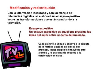 Con la información localizada y con un manejo de
referencias digitales se elaborará un ensayo expositivo
sobre las transformaciones que están cambiando a la
televisión.
Ensayo expositivo
Un ensayo expositivo es aquel que presenta las
ideas del autor sobre un tema determinado.
Modificación y redistribución
Cada alumno, subirá su ensayo a la carpeta
de la materia ubicada en el blog del
profesor, luego elegirá el ensayo de otro
alumno y lo evaluará de acuerdo a lo
establecido en clase
 