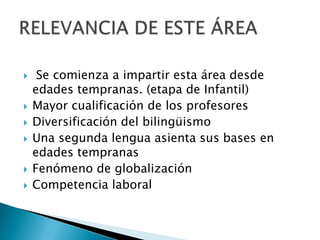








Se comienza a impartir esta área desde
edades tempranas. (etapa de Infantil)
Mayor cualificación de los profesores
Diversificación del bilingüismo
Una segunda lengua asienta sus bases en
edades tempranas
Fenómeno de globalización
Competencia laboral

 