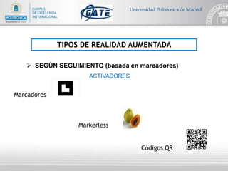 TIPOS DE REALIDAD AUMENTADA
 SEGÚN SEGUIMIENTO (basada en marcadores)
Marcadores
Markerless
Códigos QR
ACTIVADORES
 