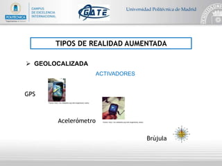 TIPOS DE REALIDAD AUMENTADA
 GEOLOCALIZADA
GPS
Fuente: http://en.wikipedia.org/wiki/Augmented_reality
Acelerómetro Fuente: http://en.wikipedia.org/wiki/Augmented_reality
Brújula
ACTIVADORES
 