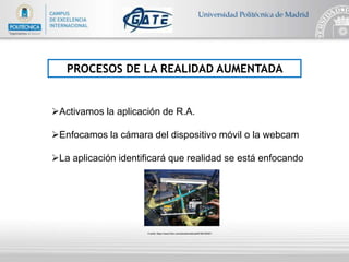 PROCESOS DE LA REALIDAD AUMENTADA
Activamos la aplicación de R.A.
Enfocamos la cámara del dispositivo móvil o la webcam
La aplicación identificará que realidad se está enfocando
Fuente: https://www.flickr.com/photos/wikitude/6188195301/
 