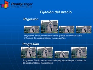 Fijación del precio
Regresión




 Regresión: El valor de una casa más grande es reducido por la
 influencia de casas alrededor más pequeñas.


Progresión




Progresión: El valor de una casa más pequeña sube por la influencia
de casas alrededor más grandes.
 