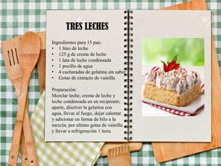TRES LECHES
Ingredientes para 15 pax:
• 1 litro de leche
• 125 g de crema de leche
• 1 lata de leche condensada
• 1 pocillo de agua
• 4 cucharadas de gelatina sin sabor
• Gotas de extracto de vainilla
Preparación:
Mezclar leche, crema de leche y
leche condensada en un recipiente;
aparte, disolver la gelatina con
agua, llevar al fuego, dejar calentar
y adicionar en forma de hilo a la
mezcla; por ultimo gotas de vainilla
y llevar a refrigeración 1 hora.
 